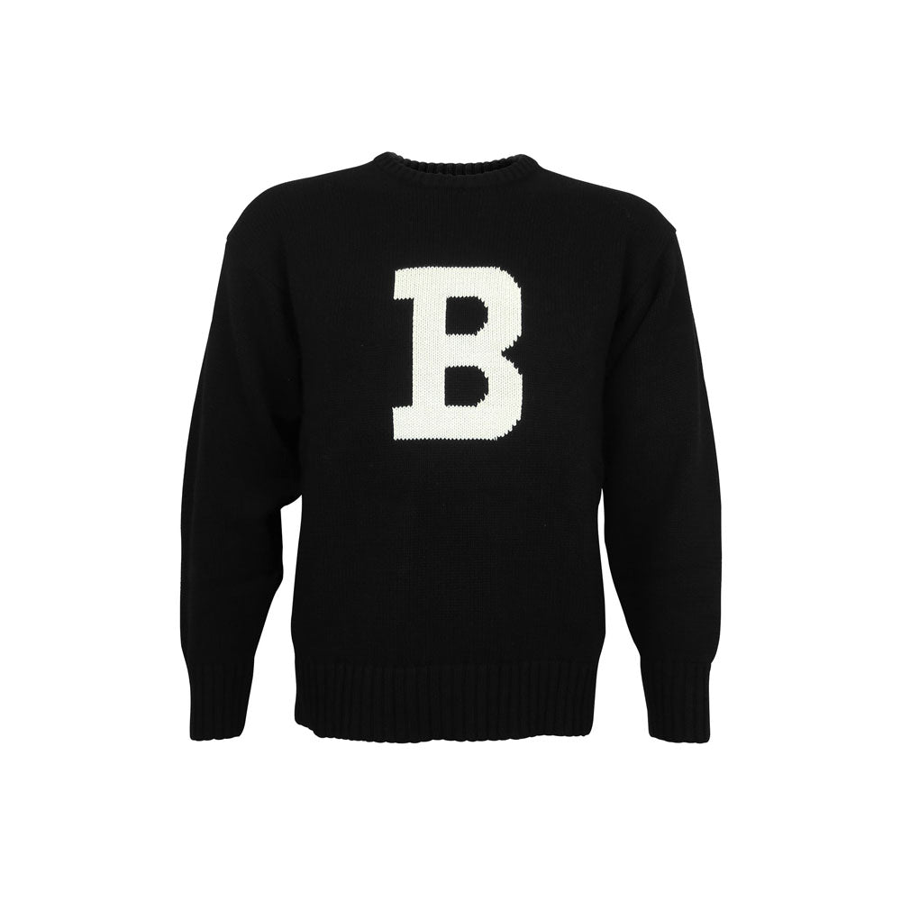 Black sweater with a white 'B' on a white background