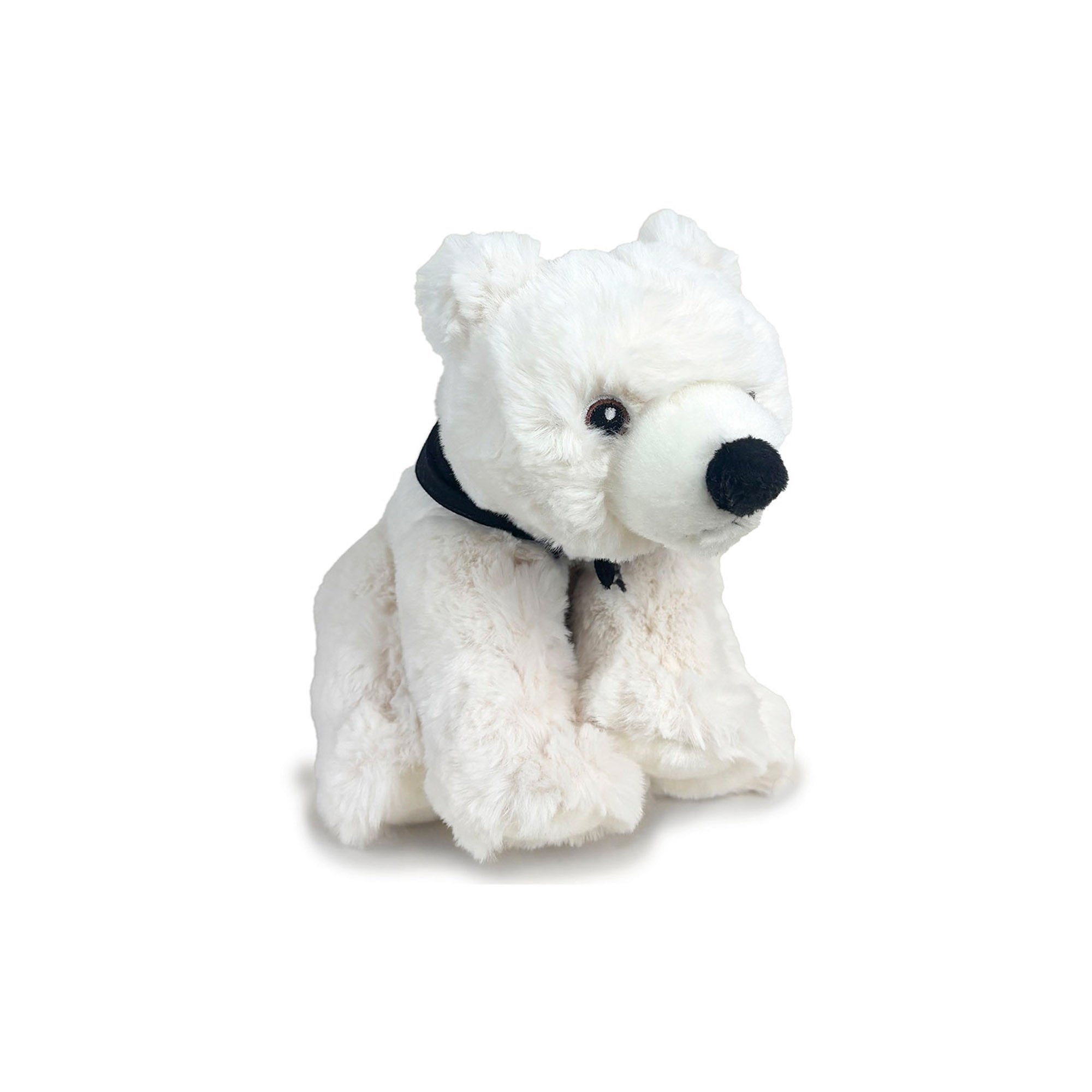 White plush bear toy in a black bandanna.