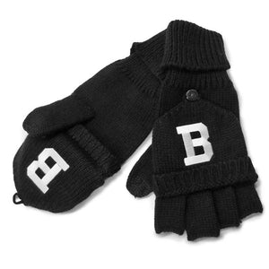 Black knit mittens with button-back flip top that buttons back to reveal fingerless gloves. White Bowdoin B on flip top.