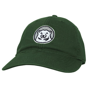 Relaxed twill baseball hat with embroidered Bowdoin polar bear mascot medallion in hunter green.