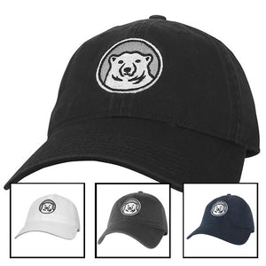 Picture of 4 different hats with Bowdoin polar bear medallion: black, white, gray, and navy blue