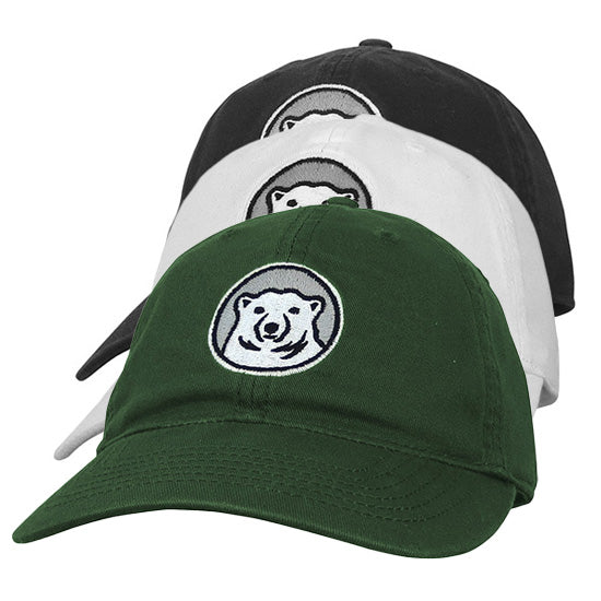 Twill ball caps with medallion bear in green, white, and black.