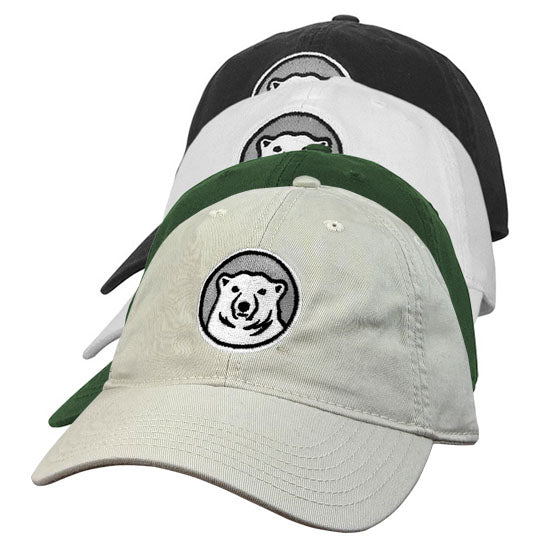 Four baseball caps with a bear logo on a white background