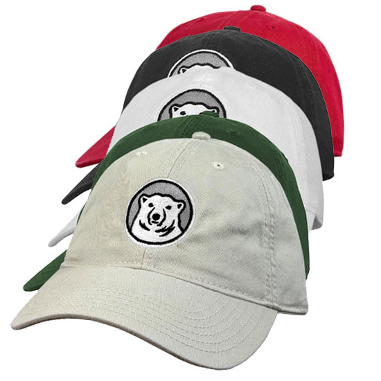 Five baseball caps in different colors with a bear logo on a white background