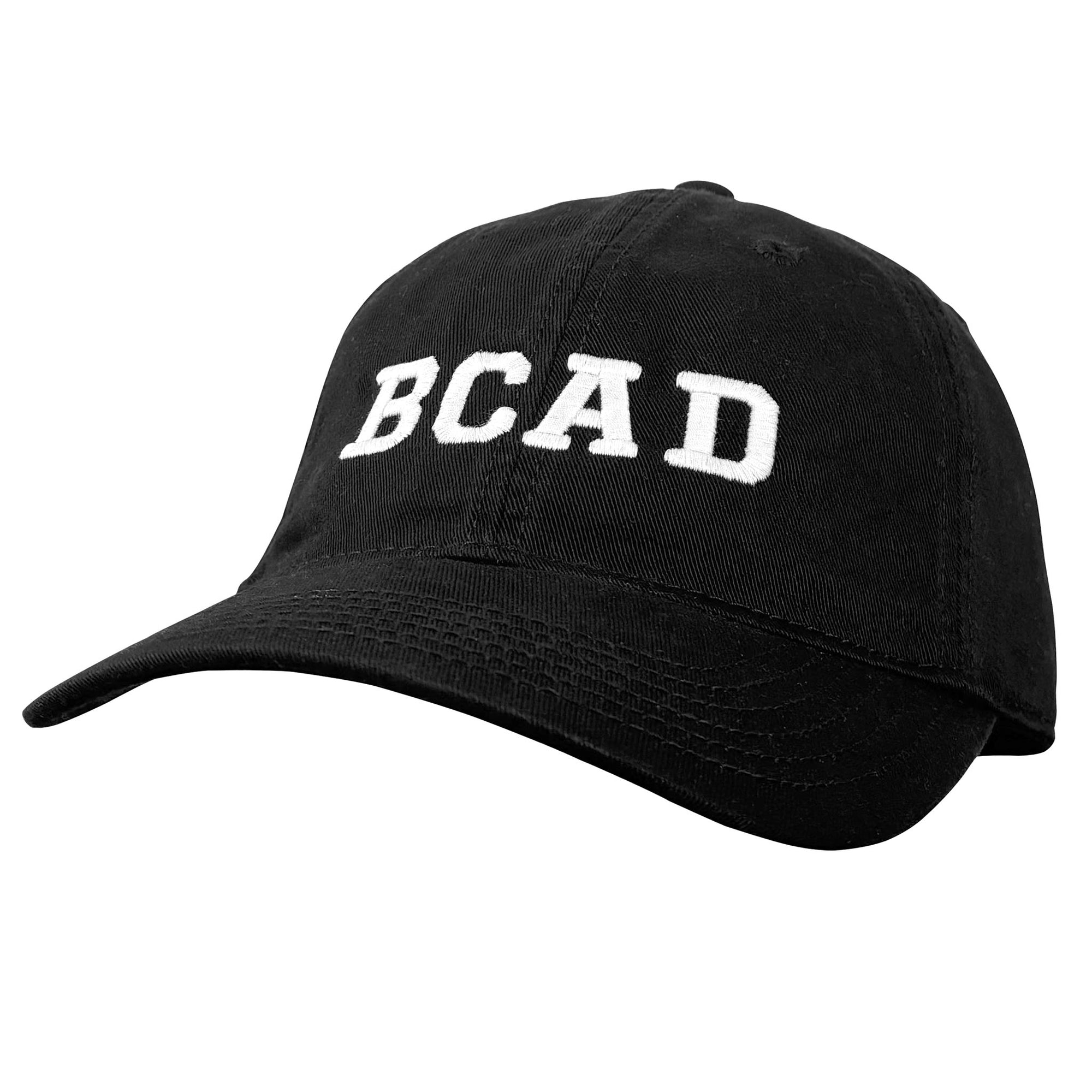 Black baseball cap with BCAD embroidered on the front in white.