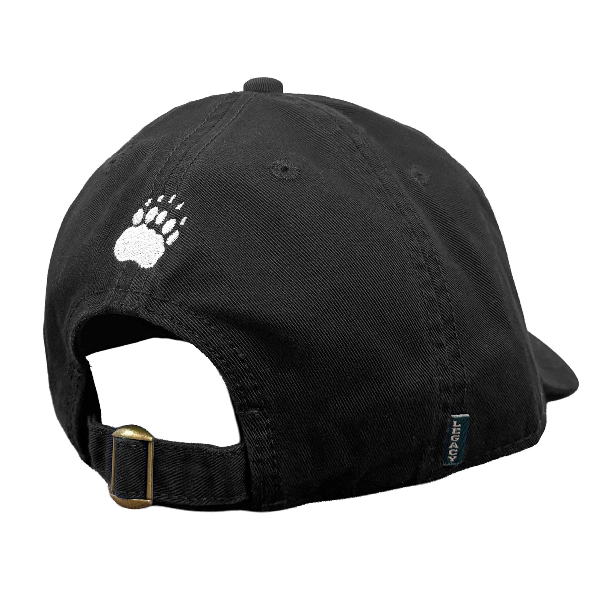 A black cotton baseball cap shown from the back, featuring a white embroidered bear paw print on the back and an adjustable black back strap with a brass buckle.