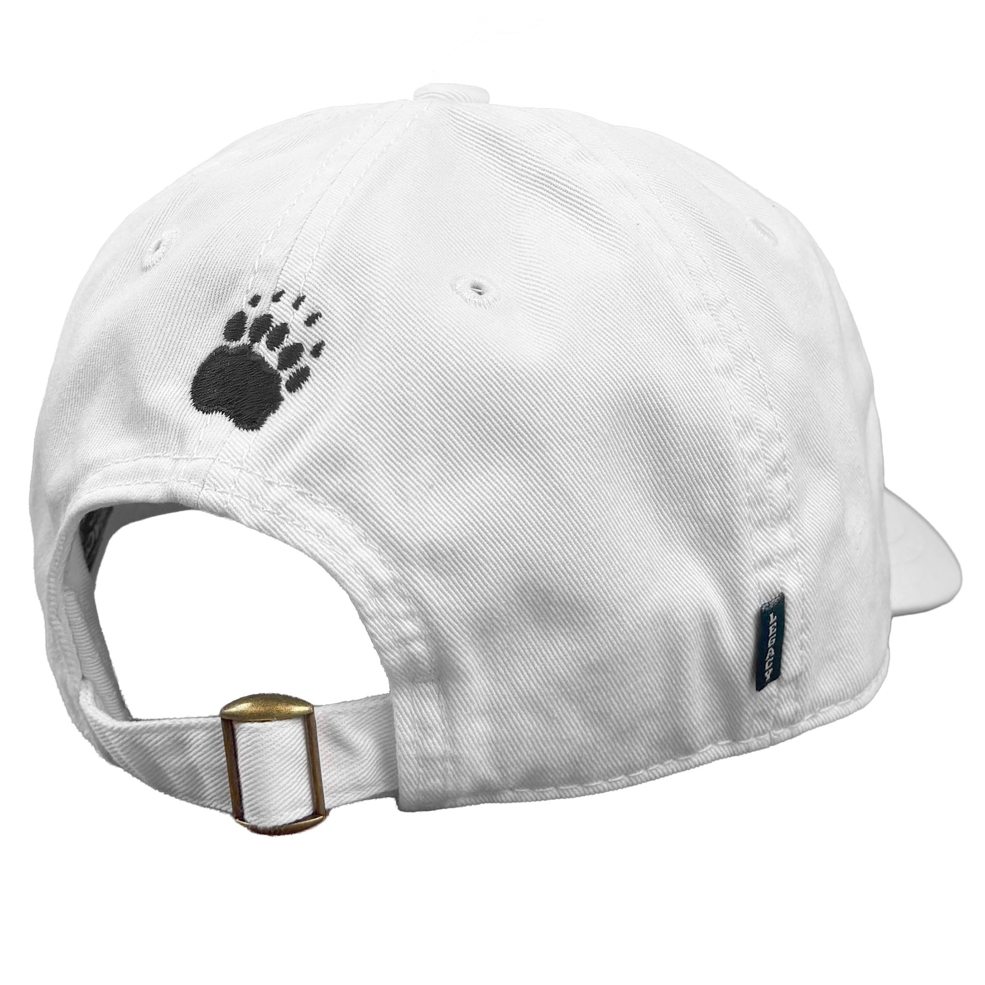 White baseball cap shown from the back, featuring a black embroidered bear paw logo on the back and an adjustable strap with a gold-tone metal buckle.