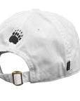 White baseball cap shown from the back, featuring a black embroidered bear paw logo on the back and an adjustable strap with a gold-tone metal buckle.