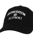 Black baseball cap with embroidered BOWDOIN arched over mascot medallion over ALUMNI