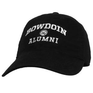 Black baseball cap with embroidered BOWDOIN arched over mascot medallion over ALUMNI