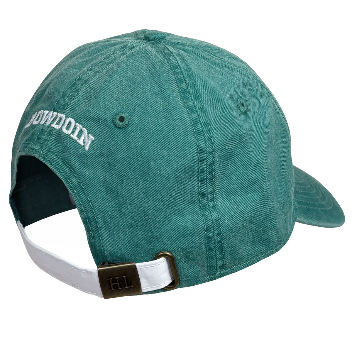 Back of green baseball cap with &#39;Bowdoin&#39; logo and a white strap on a white background