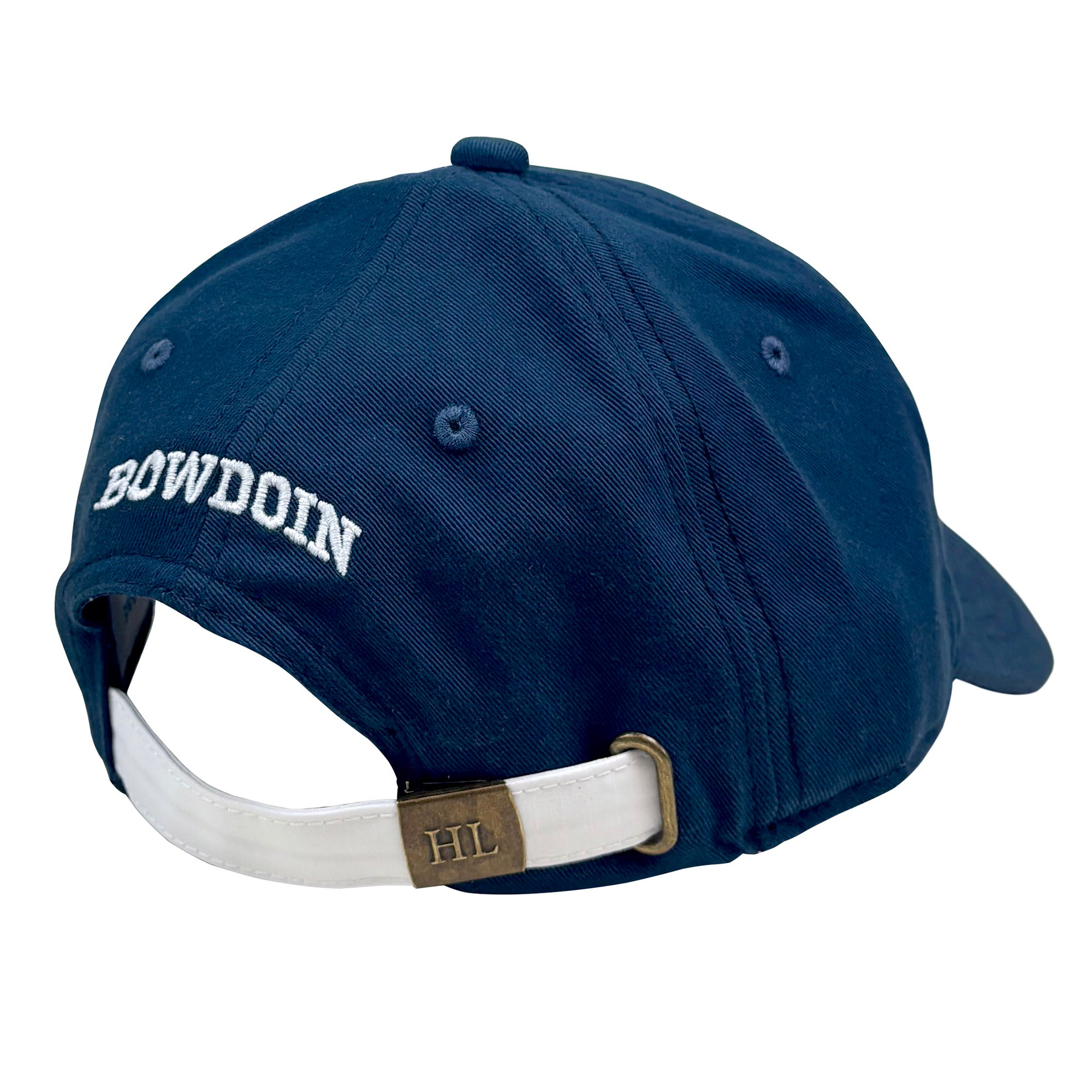 Back of navy blue baseball cap with 'Bowdoin' logo and a white strap on a white background