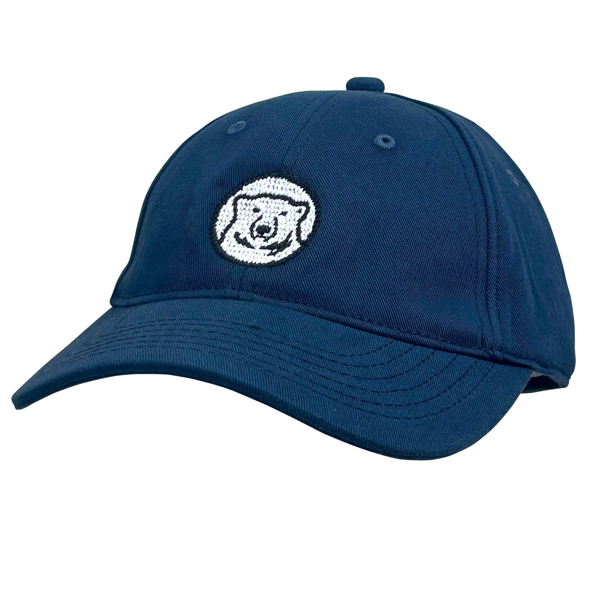 Blue cap with a bear emblem on a white background