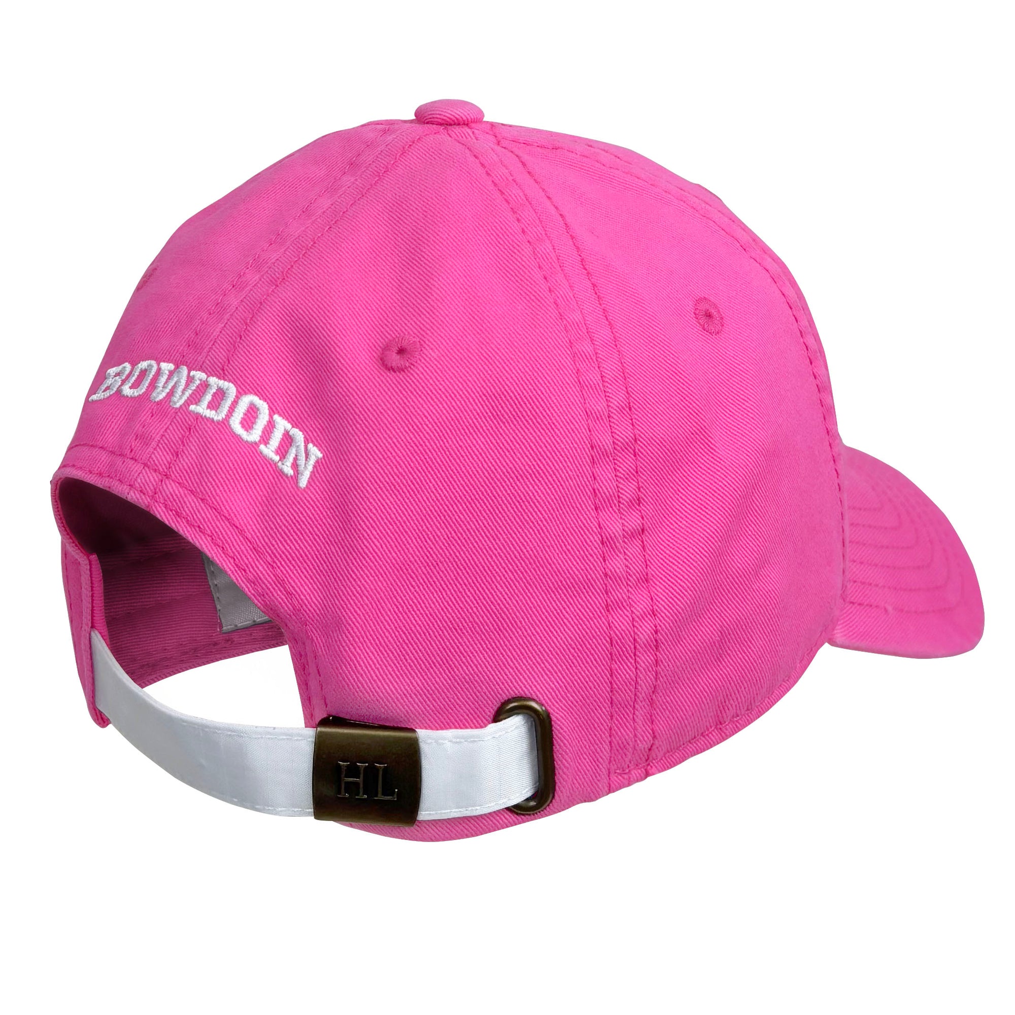 Back of pink cap with 'Bowdoin' text and a white strap on a white background