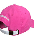 Back of pink cap with 'Bowdoin' text and a white strap on a white background