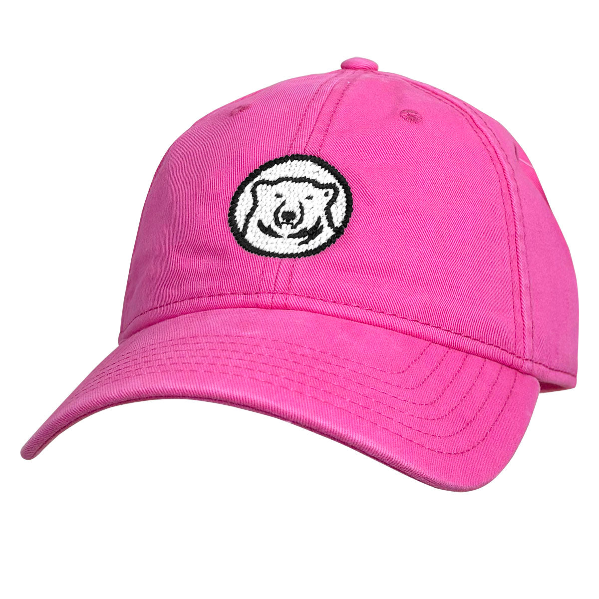 Pink cap with a bear logo on a white background