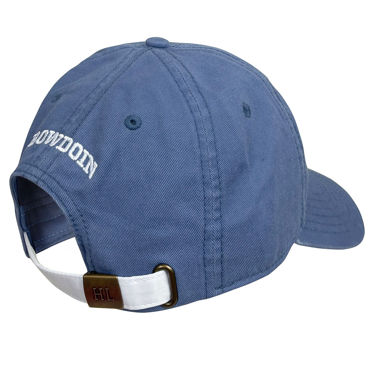 Back of blue baseball cap with 'Bowdoin' text and a white strap on a white background