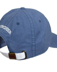 Back of blue baseball cap with 'Bowdoin' text and a white strap on a white background
