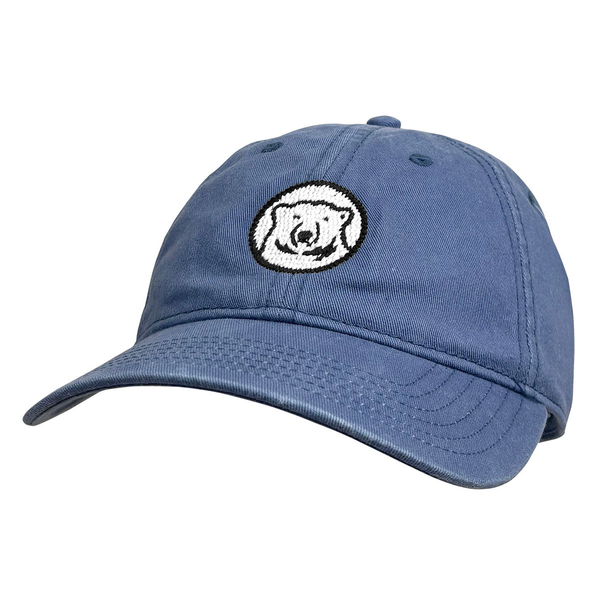 Blue cap with a bear logo on a white background