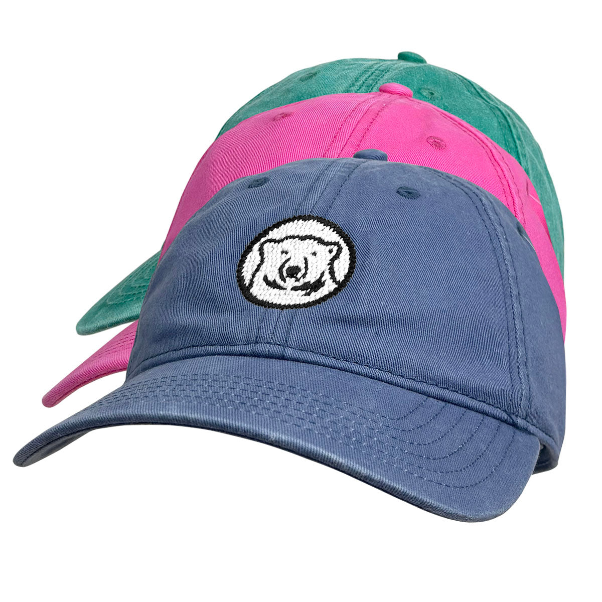 Blue, pink, and green hats with bear medallion.