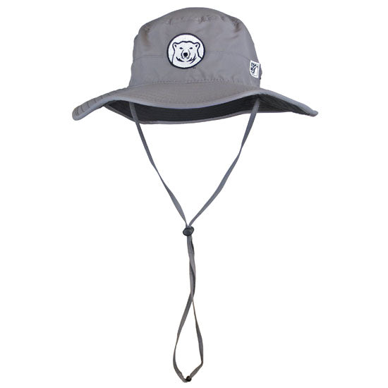 Front of grey boonie hat with embroidered polar bear medallion patch, showing adjustable chin strap.