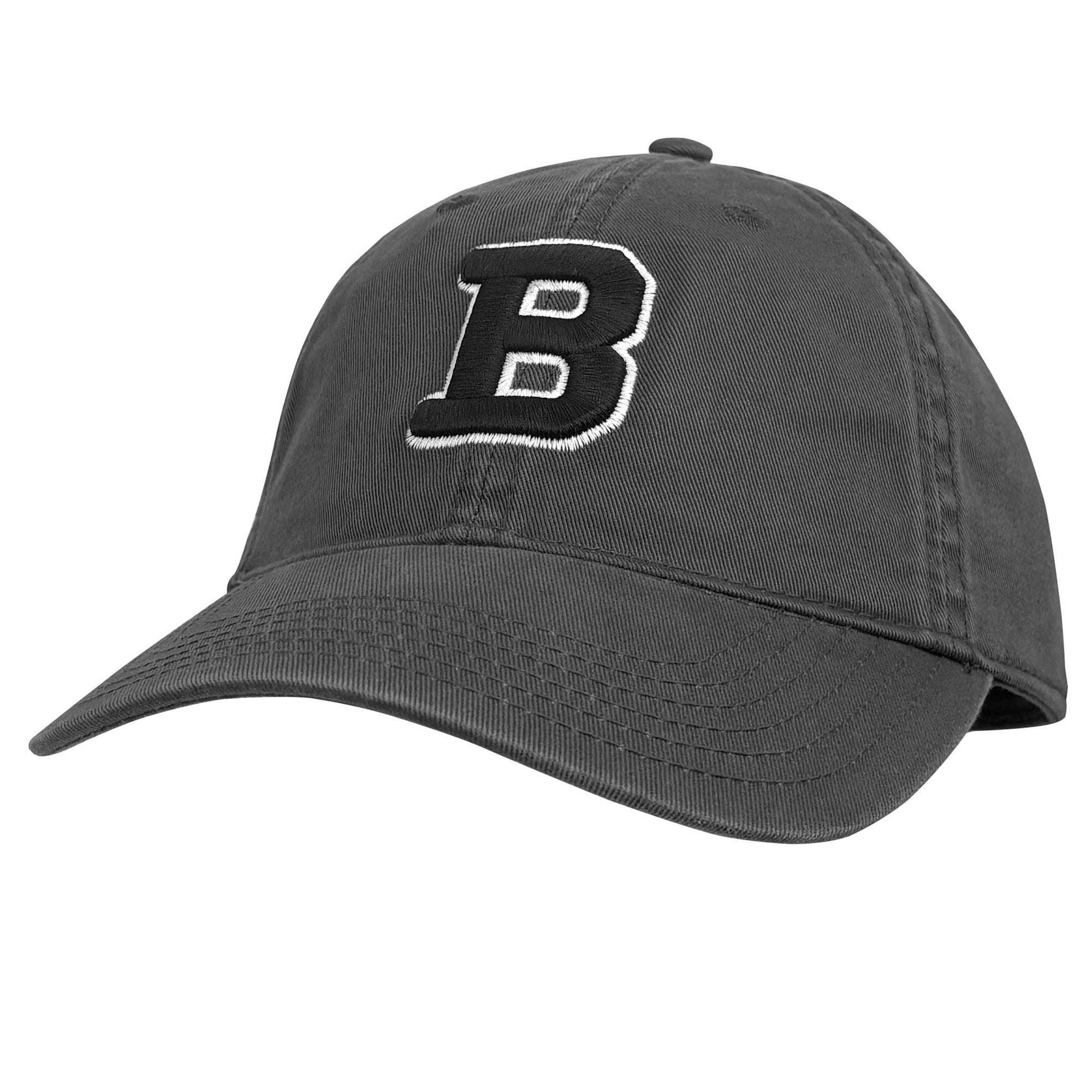 A dark gray baseball cap featuring a large embroidered white  letter 'B' with a black outline on the front, set against a plain white background.