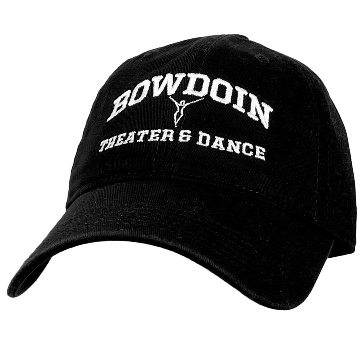 Black ball cap with white embroidery of BOWDOIN arched over a stylized human figure over THEATER &amp; DANCE
