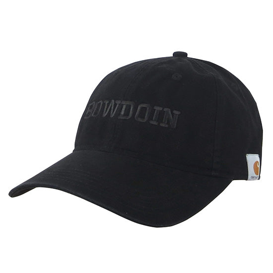 Black ball cap with black embroidered BOWDOIN and small Carhartt patch.