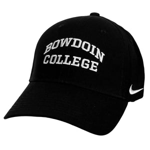Black Bowdoin College with white embroidery and white Nike Swoosh on left side.