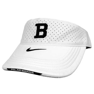 White mesh visor with black embroidered B on sweatband, black Nike Swoosh on top of bill, and an inset POLAR BEARS patch in the front edge of the brim.