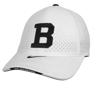 White mesh hat with black button on top, embroidered Bowdoin B in black on front, black Nike Swoosh on the top of the brim, and black POLAR BEARS patch on front of brim.