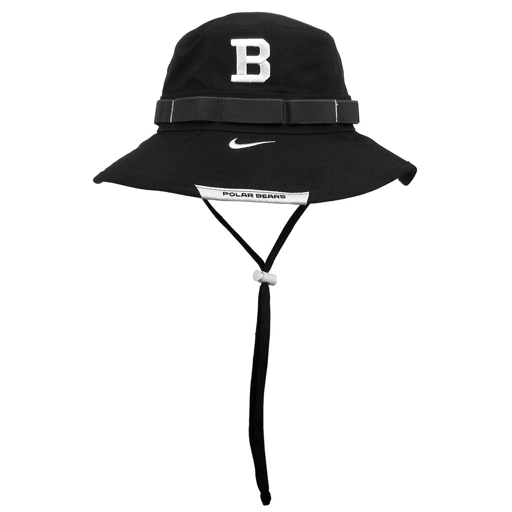 Black boonie style sun hat with white embroidered B on front, white embroidered Nike Swoosh on front of brim, and white POLAR BEARS patch on brim edge. Black cord with white plastic toggle.