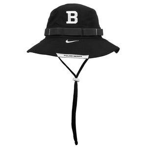 Black boonie style sun hat with white embroidered B on front, white embroidered Nike Swoosh on front of brim, and white POLAR BEARS patch on brim edge. Black cord with white plastic toggle.