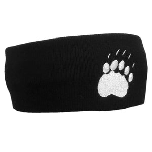Black knit headband with white embroidered paw print on front.