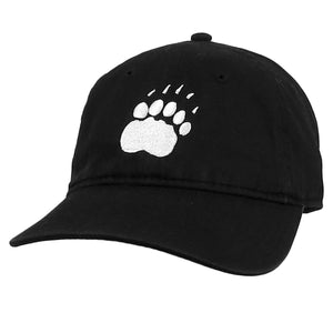 Black hat with embroidered paw in white.