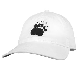 White hat with embroidered paw in black.