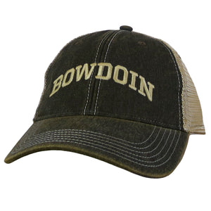 Faded black twill and vintage gold mesh trucker hat with embroidered arched BOWDOIN in vintage gold.