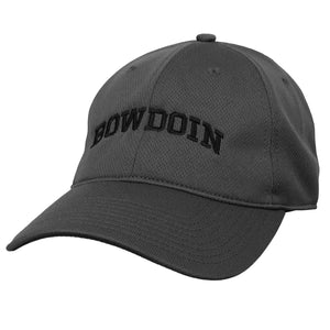 Dark graphite grey ball cap with black arched Bowdoin embroidery on front.