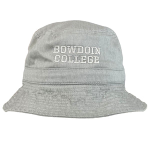 Warm grey bucket hat with embroidered BOWDOIN over COLLEGE in the same color on the front above the brim.