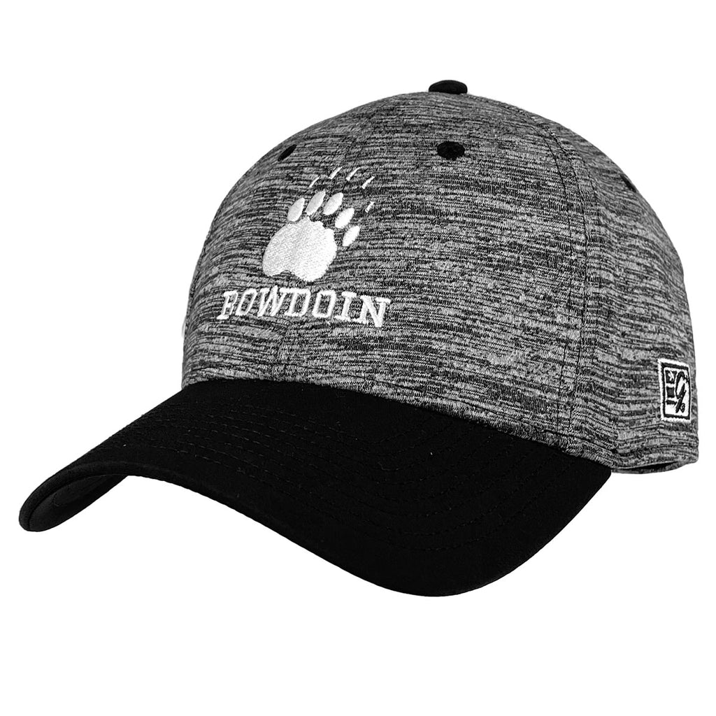 Black and grey heather twist hat with black visor and white embroidery on front of paw print over BOWDOIN.