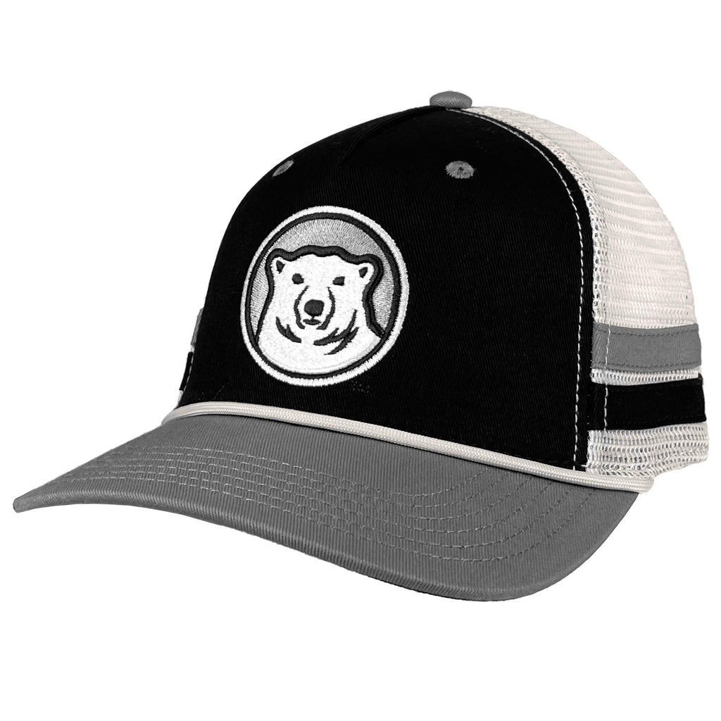 Natural tone mesh hat with black twill front and grey twill visor. Gray and black twill bars on mesh on sides. White, black, and grey embroidered mascot medallion on front. Rope detail at base of hat over visor, grey contrast vents and button on top.