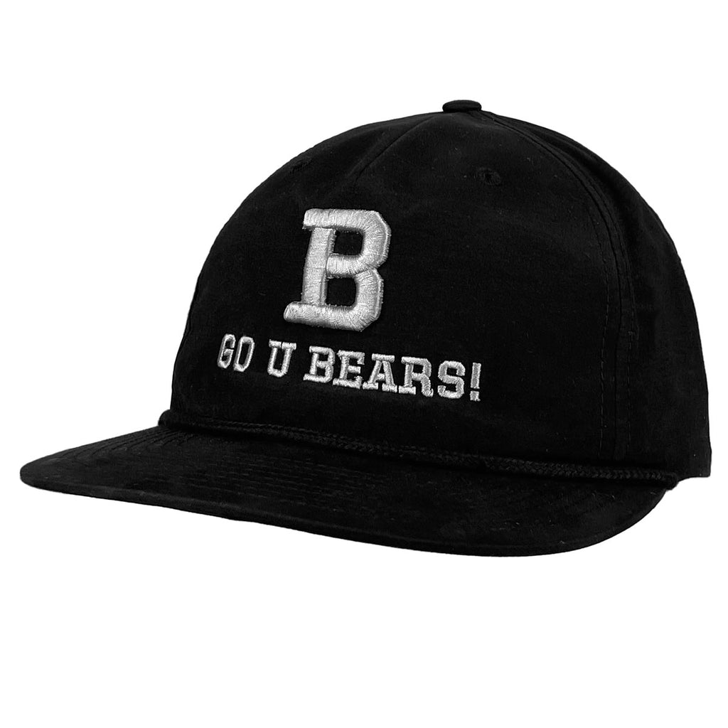 Black flatbrim ball cap with low peak and rope detail on front. Grey raised B over flat Go U Bears! embroidery on front.