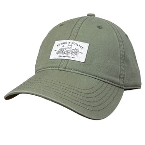 Olive green ball cap with white rectangular patch featuring black line art of Hubbard Hall with BOWDOIN COLLEGE over the top and BRUNSWICK, ME below.