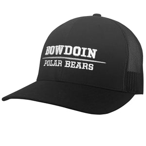 Trucker hat with black front and black mesh back. White embroidery of BOWDOIN over a silver line over POLAR BEARS, also in white.