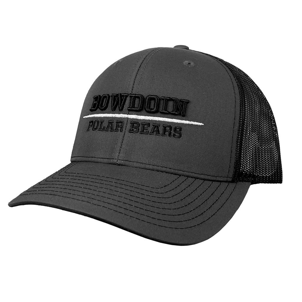 Trucker hat with charcoal front and black mesh back. Black embroidery of BOWDOIN over a silver line over POLAR BEARS, also in black.