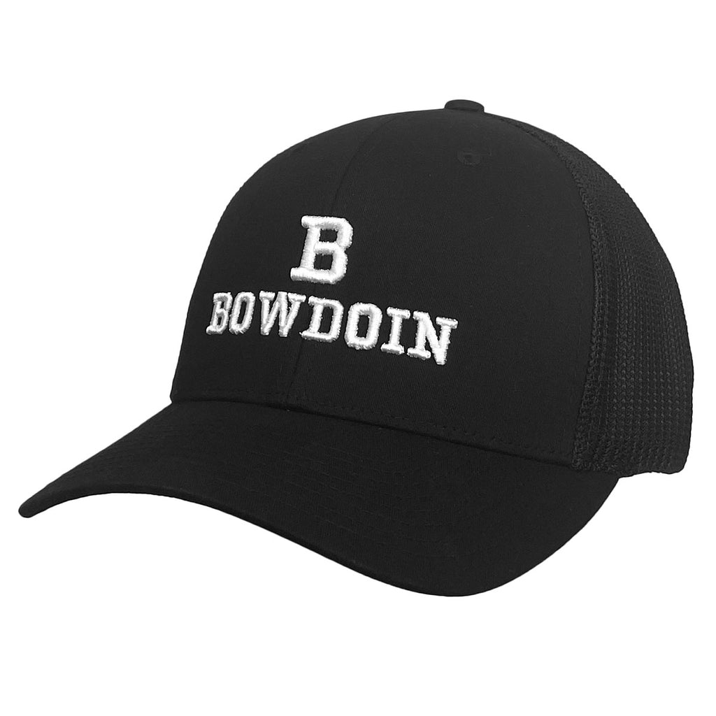 Black trucker hat with mesh back and white B over BOWDOIN embroidery on front.