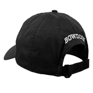 Back of dark grey ball cap showing arched BOWDOIN embroidery in white.