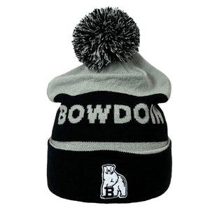 Front view of Peak beanie with embroidered mascot patch on cuff and knit-in BOWDOIN on crown.