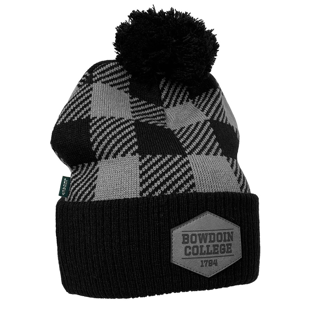 Black and gray checked beanie with black cuff and pom, and hexagonal  BOWDOIN COLLEGE 1794 patch on cuff