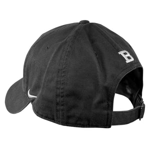 Back of anthracite cap showing embroidered white B over closure.